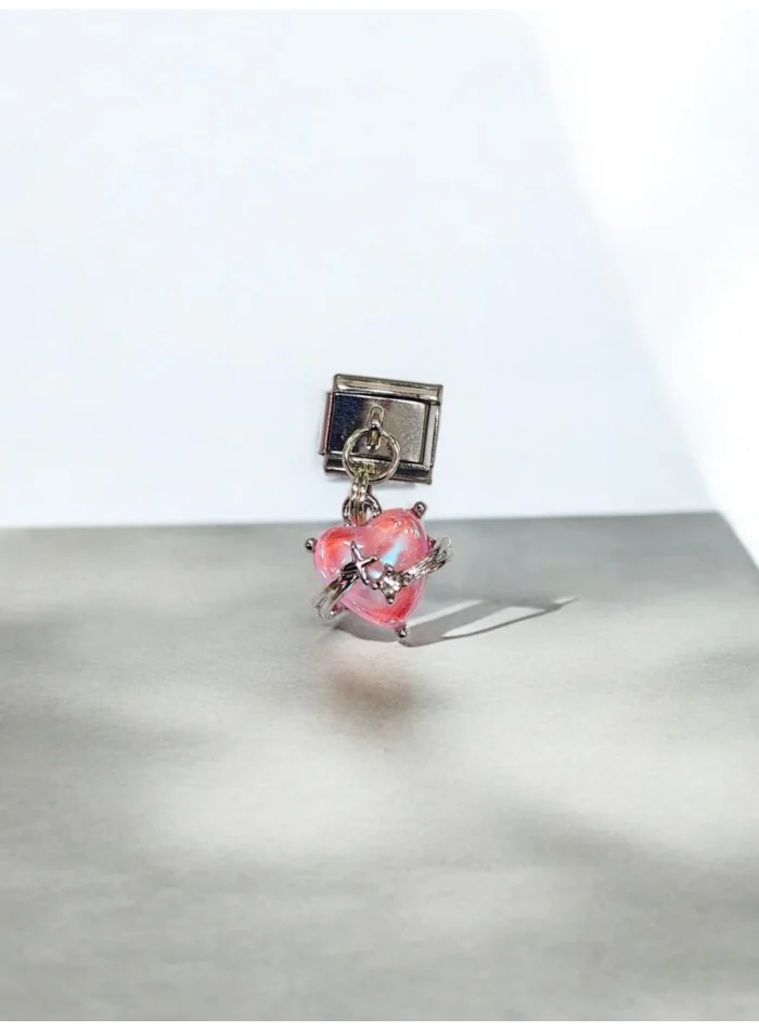 Pembe Kalp Desenli İtalyan Charm Sallantılı