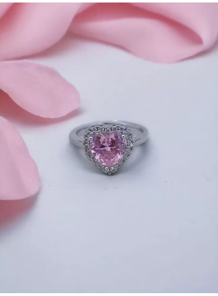 Pembe Kalp Detaylı Yüzük Gümüş Renk