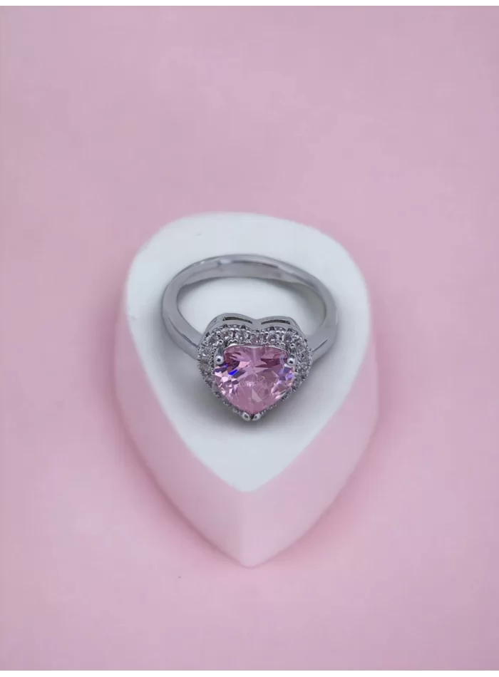 Pembe Kalp Detaylı Yüzük Gümüş Renk
