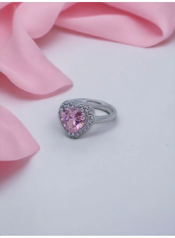 Pembe Kalp Detaylı Yüzük Gümüş Renk