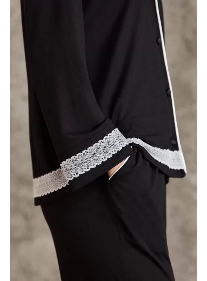 Penye Biyeli Şık Siyah Kadın Pijama Takımı