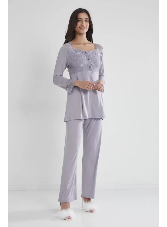 Penye Şık Dantelli Lohusa Pijama Takımı - Royal
