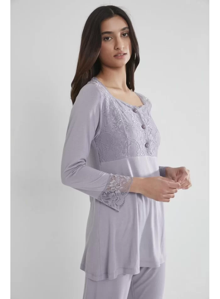 Penye Şık Dantelli Lohusa Pijama Takımı - Royal