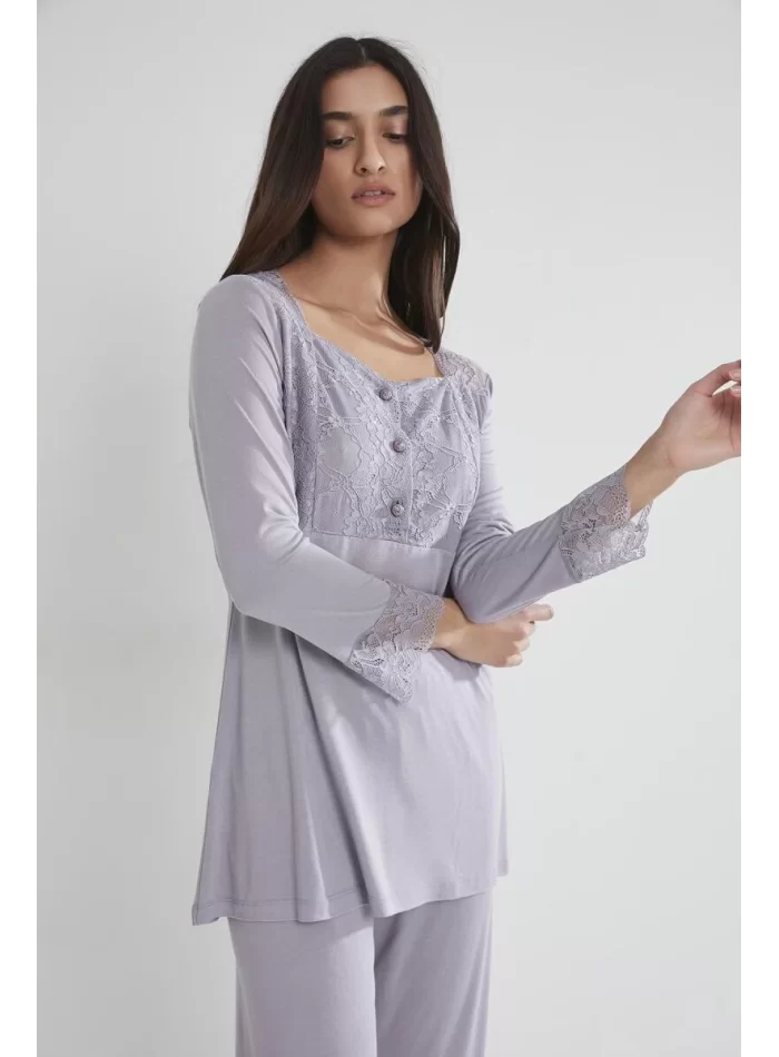 Penye Şık Dantelli Lohusa Pijama Takımı - Royal