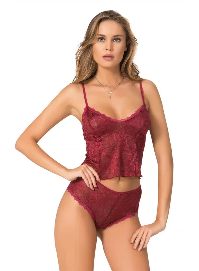 Bordo Jakarlı Şık Babydoll Şort Takımı