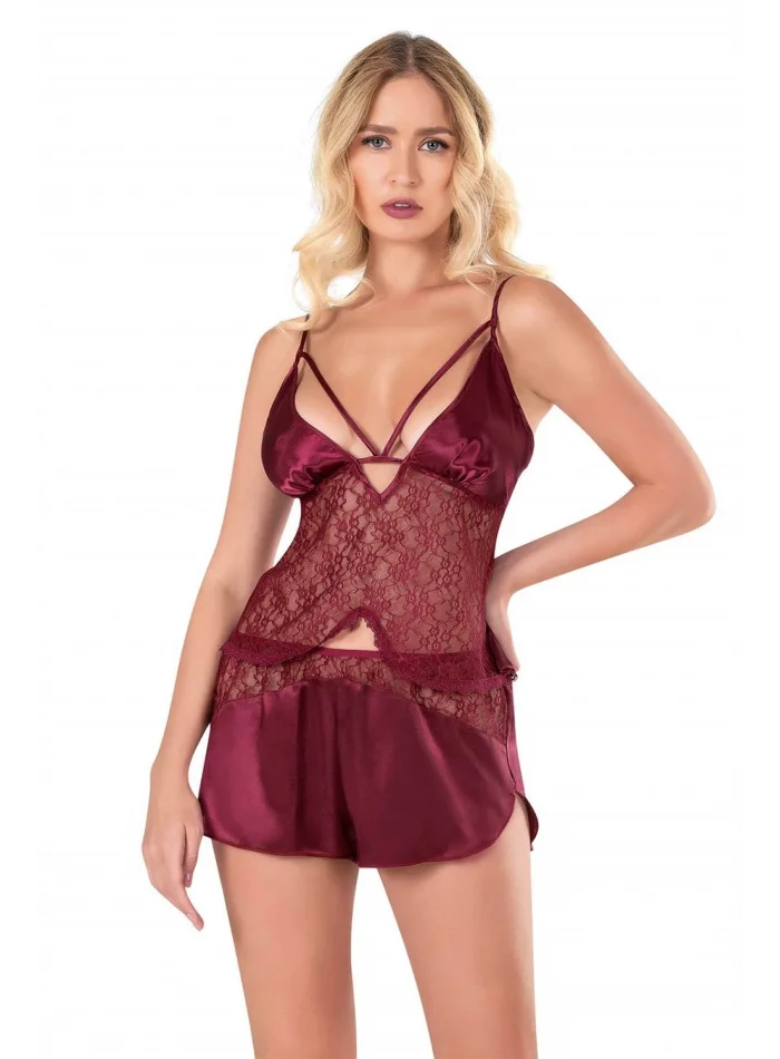 Bordo Şık Saten Babydoll Şort Takımı