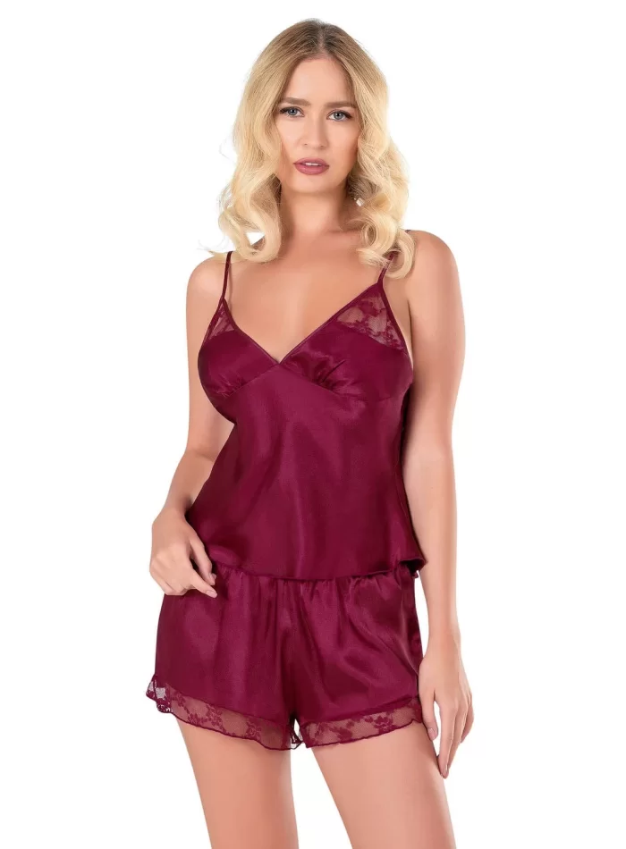 Bordo Şık Saten Babydoll Şort Takımı
