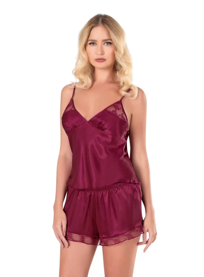 Bordo Şık Saten Babydoll Şort Takımı