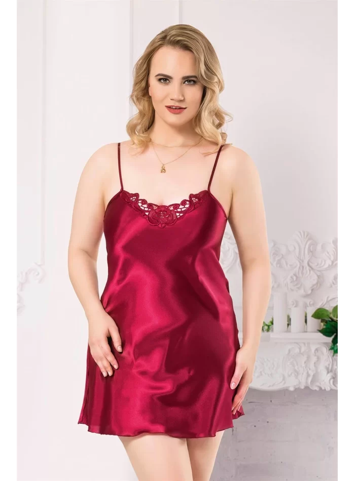 Büyük Beden Şık Bordo Kısa Saten Gecelik