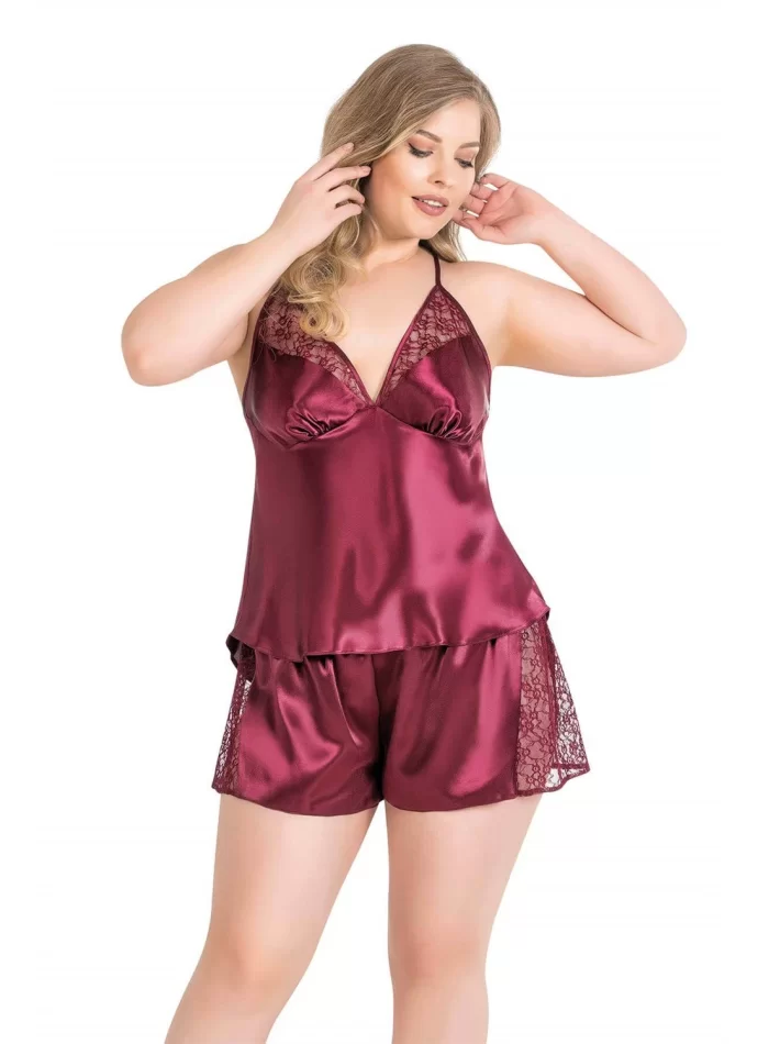 Büyük Beden Şık Bordo Saten Babydoll Şort Takımı