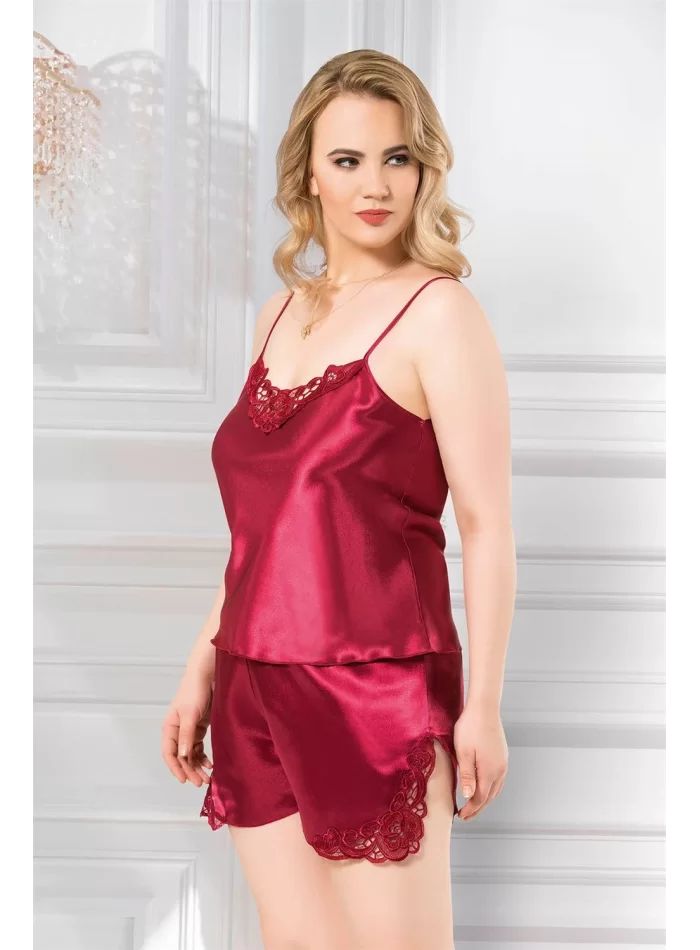 Büyük Beden Şık Bordo Saten Babydoll Şort Takımı