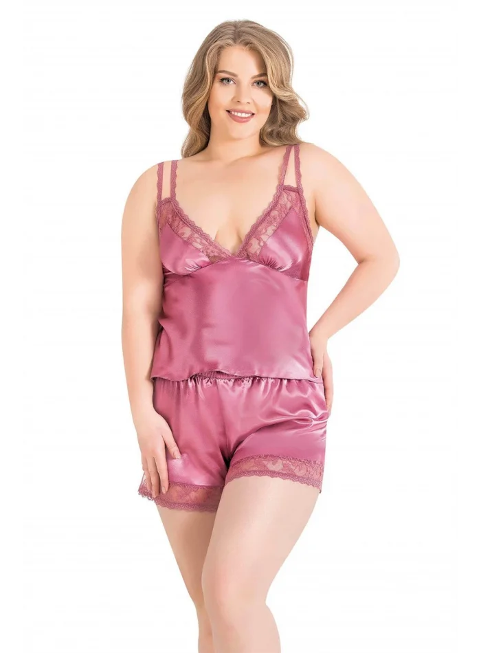 Büyük Beden Gül Kurusu Şık Saten Babydoll Şort Takımı