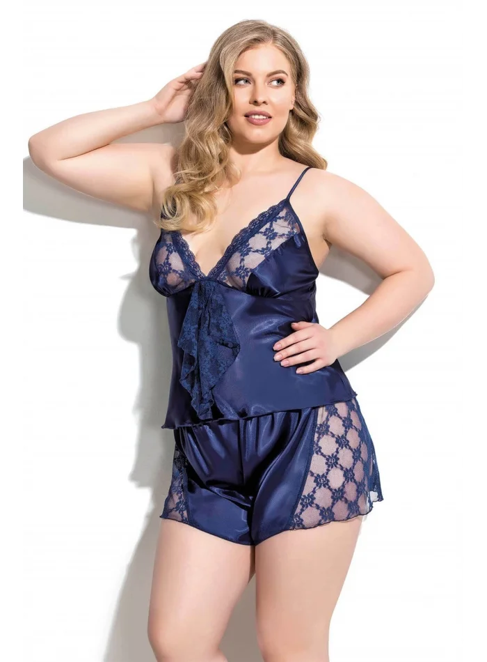 Büyük Beden Lacivert Şık Saten Babydoll Şort Takımı