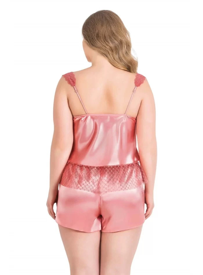 Büyük Beden Şık Mercan Saten Babydoll Şort Takımı