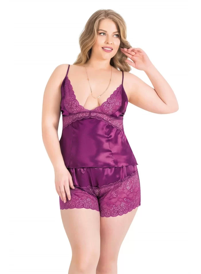 Büyük Beden Şık Mor Saten Babydoll Şort Takımı