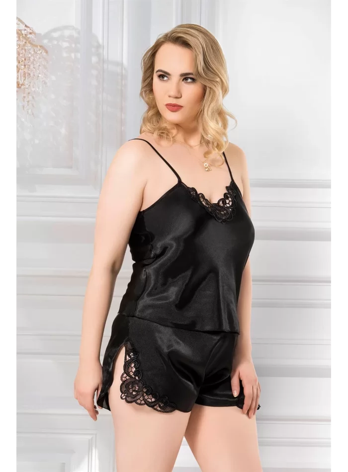 Büyük Beden Şık Siyah Saten Babydoll Şort Takımı
