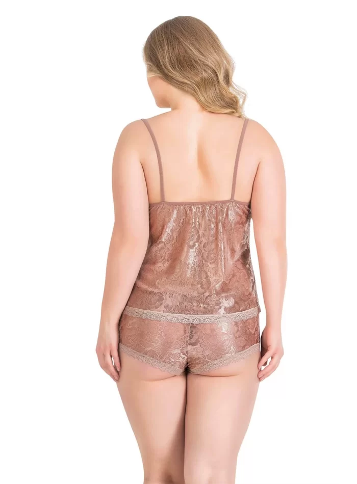 Büyük Beden Şık Vizon Jakarlı Babydoll Şort Takımı