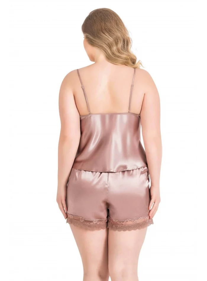 Büyük Beden Şık Saten Babydoll Şort Takımı Vizon