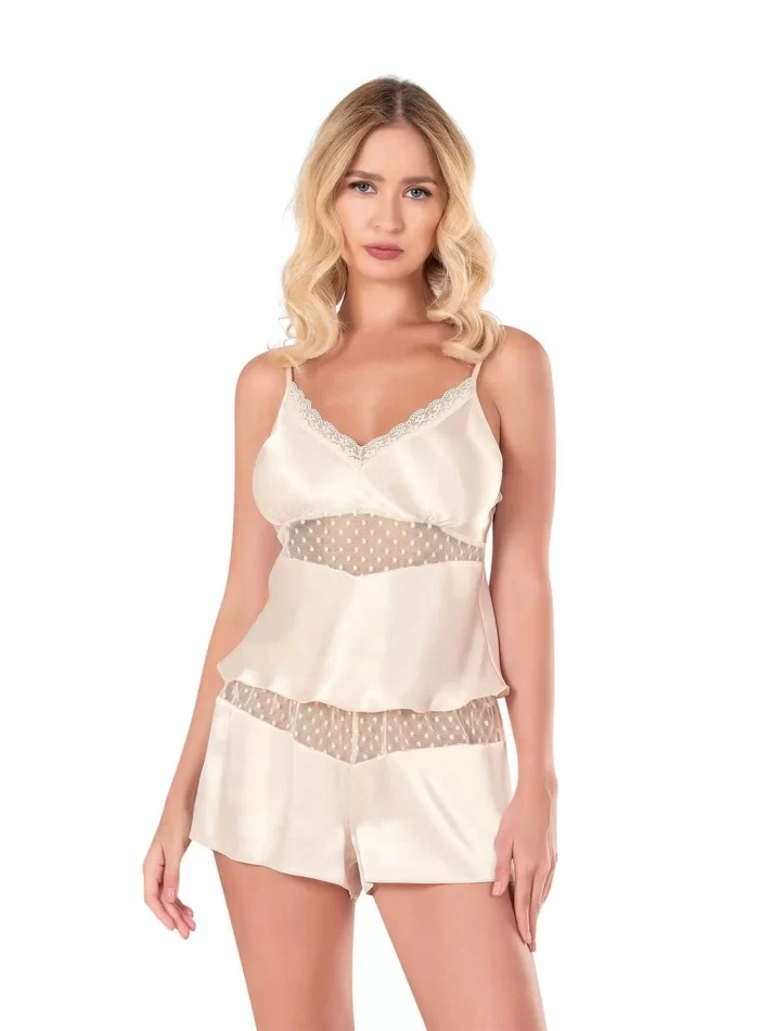 Fildişi Saten Şık Babydoll Pijama