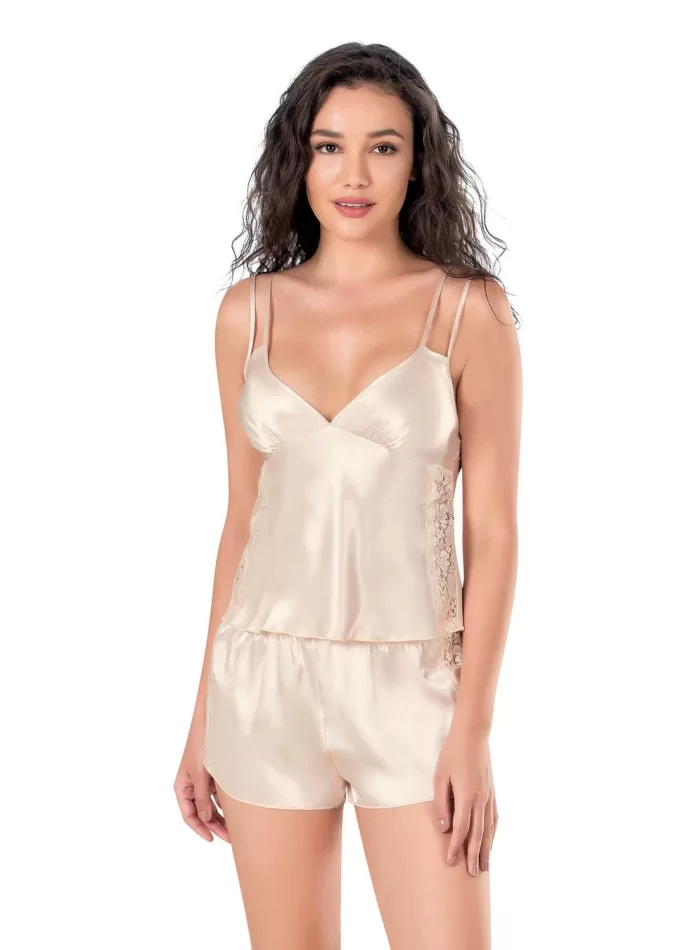 Fildişi Saten Şık Babydoll Şort Takımı