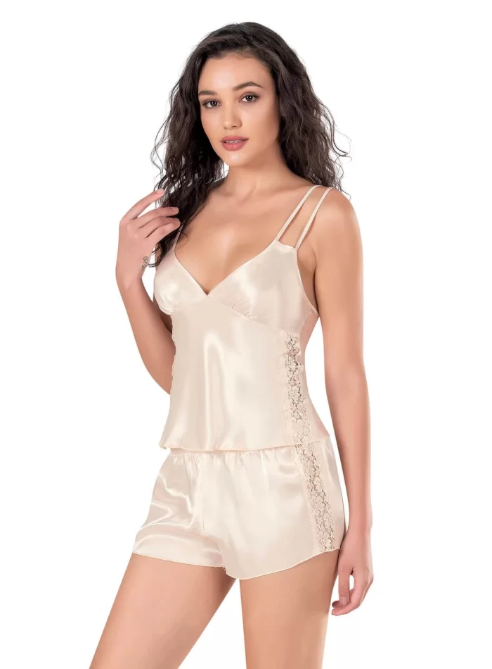Fildişi Saten Şık Babydoll Şort Takımı