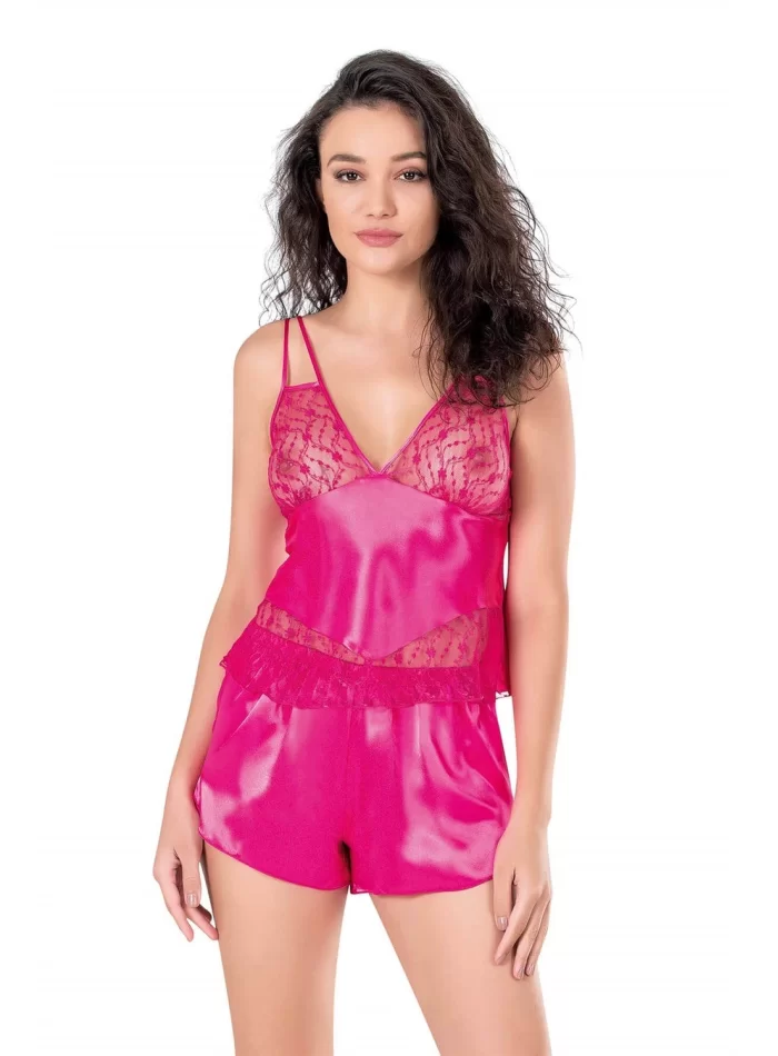 Fuşya Şık Saten Babydoll Şort Takımı