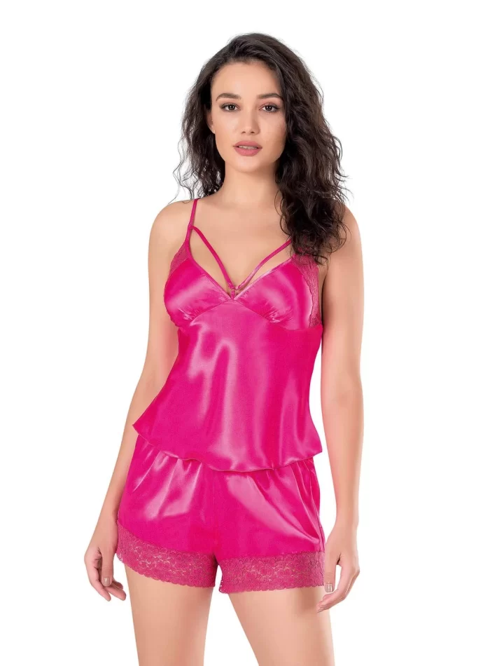 Fuşya Şık Saten Babydoll Şort Takımı
