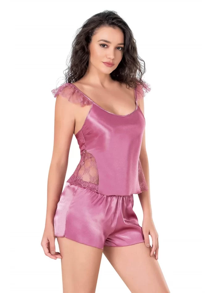 Gül Kurusu Şık Saten Babydoll Şort Takımı