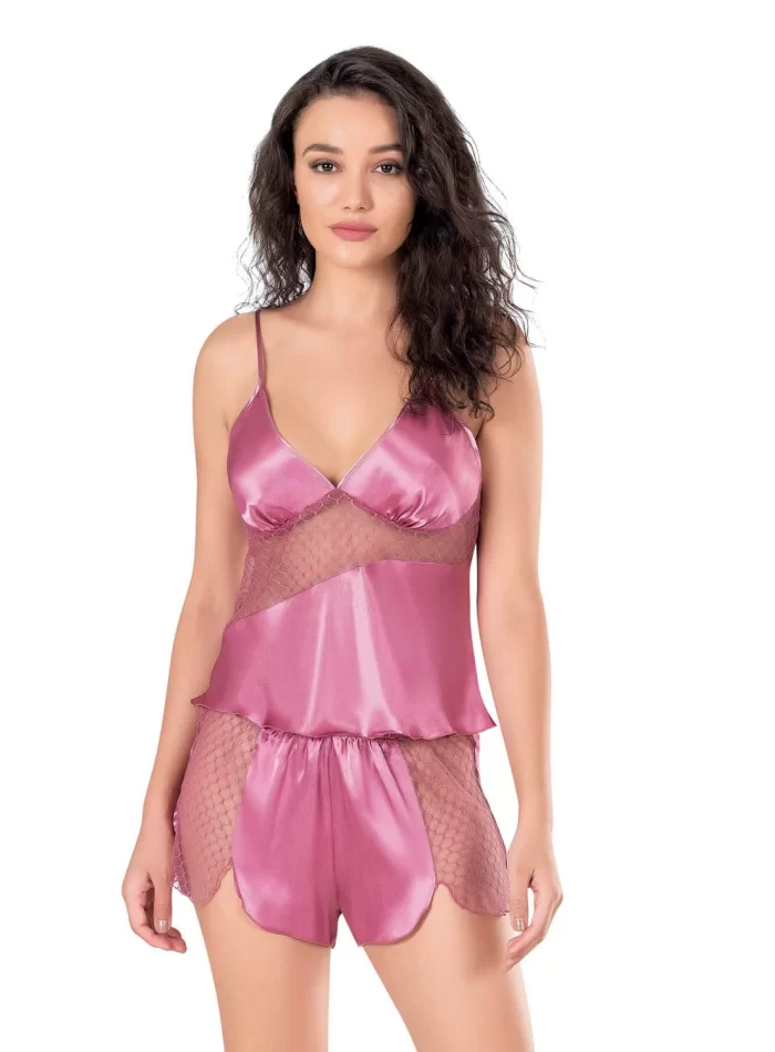 Gül Kurusu Şık Saten Babydoll Şort Takımı