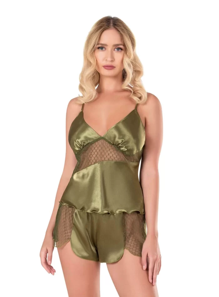 Haki Şık Saten Babydoll Şort Takımı