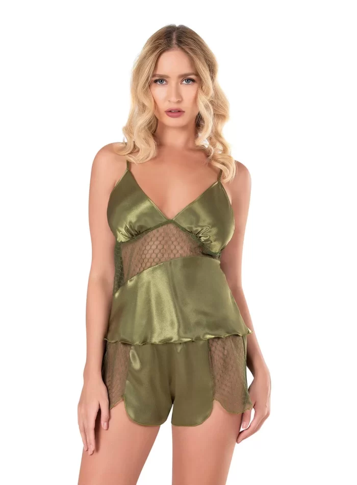 Haki Şık Saten Babydoll Şort Takımı