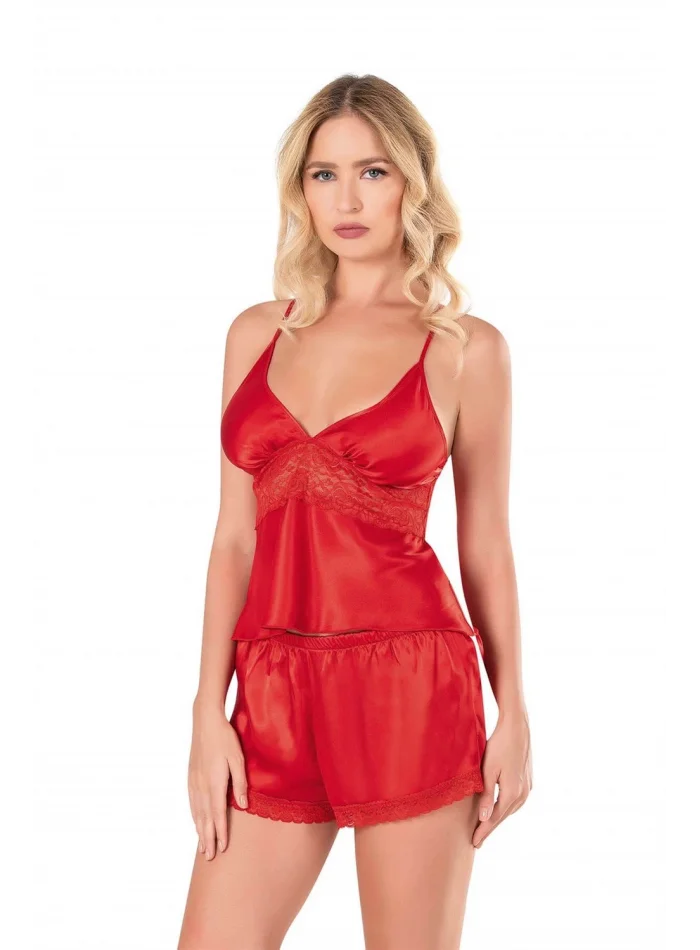 Kırmızı Şık Saten Babydoll Şort Takımı