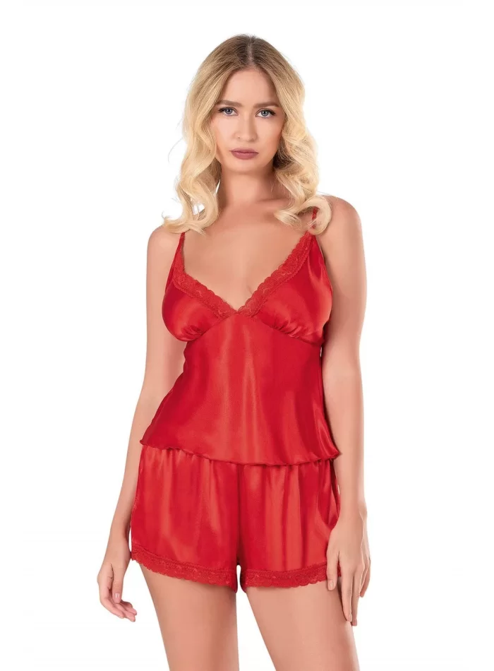 Kırmızı Şık Saten Babydoll Şort Takımı