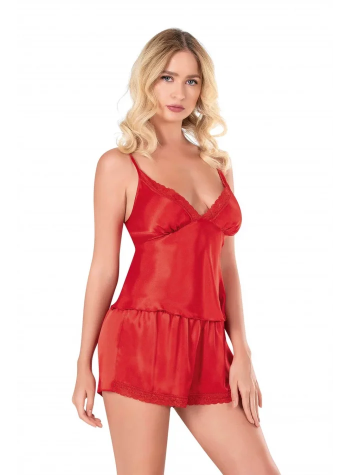 Kırmızı Şık Saten Babydoll Şort Takımı