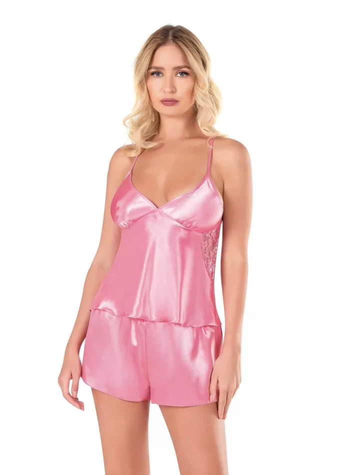 Kaliteli Şık Koyu Pembe Saten Babydoll Şort Takımı