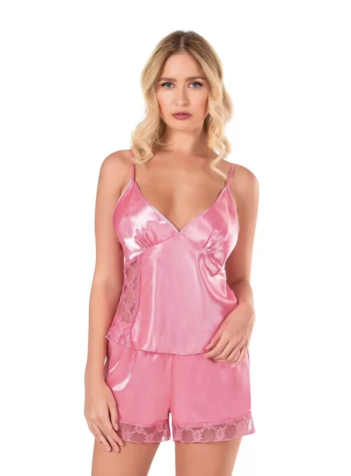 Kaliteli Şık Koyu Pembe Saten Babydoll Şort Takımı