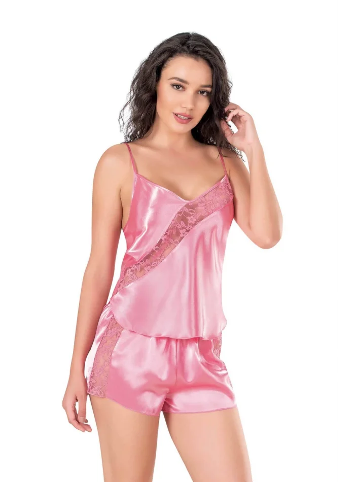 Koyu Pembe Şık Saten Babydoll Şort Takımı