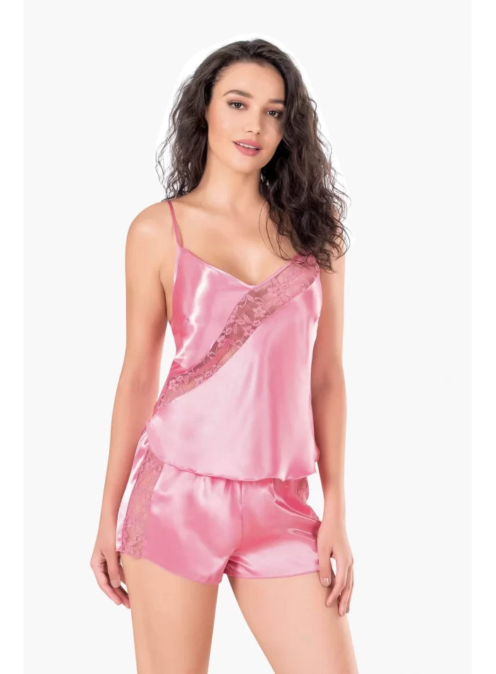 Koyu Pembe Şık Saten Babydoll Şort Takımı