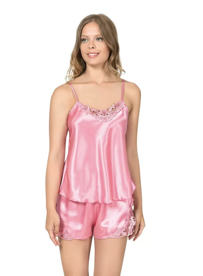 Kaliteli Koyu Pembe Saten Babydoll Şort Takımı