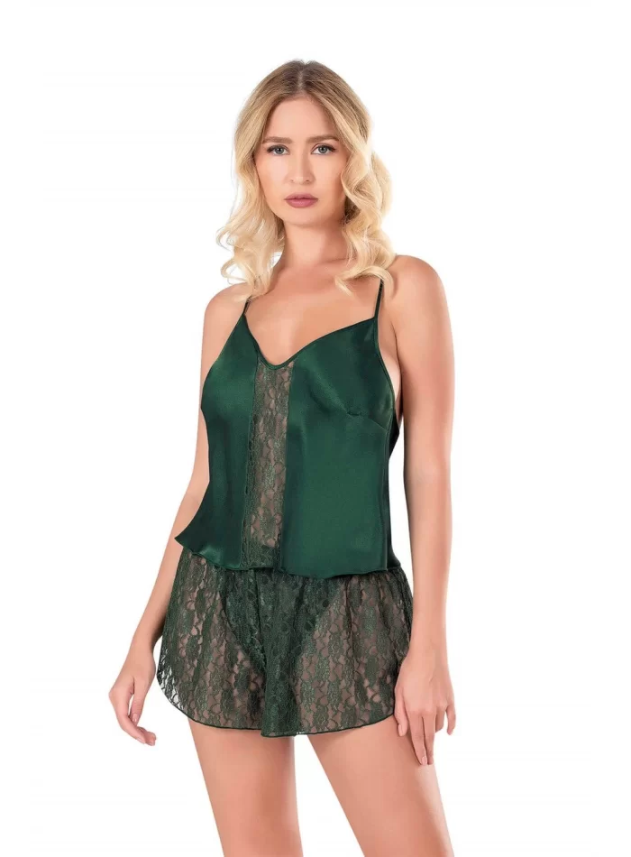 Koyu Yeşil Şık Saten Babydoll Şort Takımı