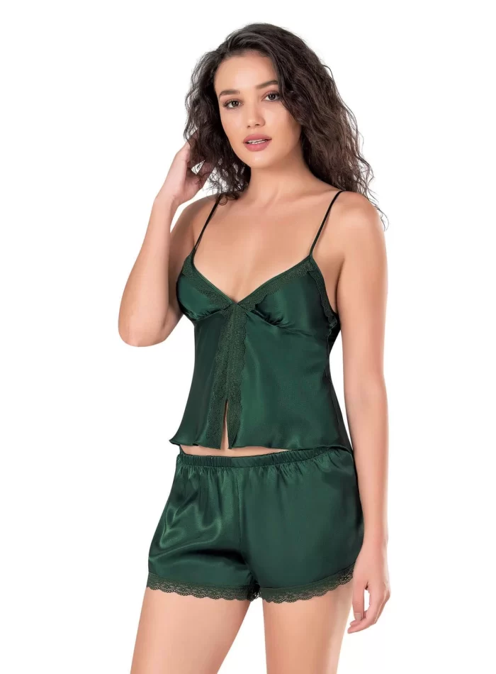 Kaliteli Koyu Yeşil Saten Babydoll Şort Takımı
