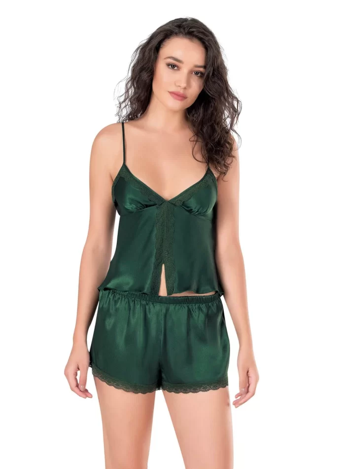 Kaliteli Koyu Yeşil Saten Babydoll Şort Takımı