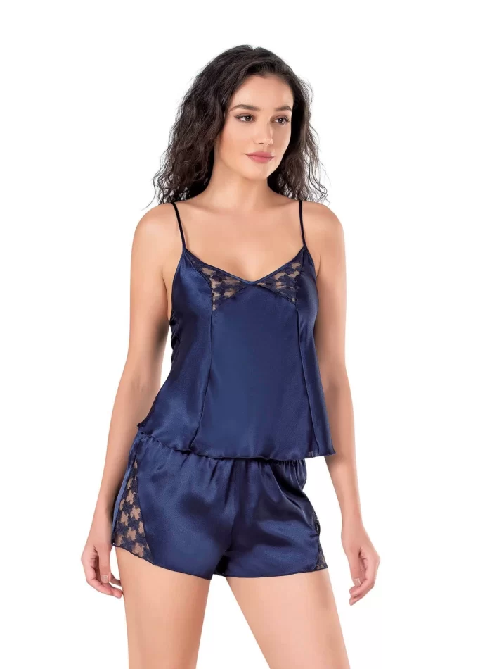 Lacivert Şık Saten Babydoll Şort Takımı