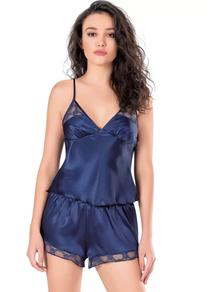 Lacivert Şık Saten Babydoll Şort Takımı