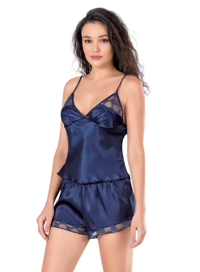 Lacivert Şık Saten Babydoll Şort Takımı