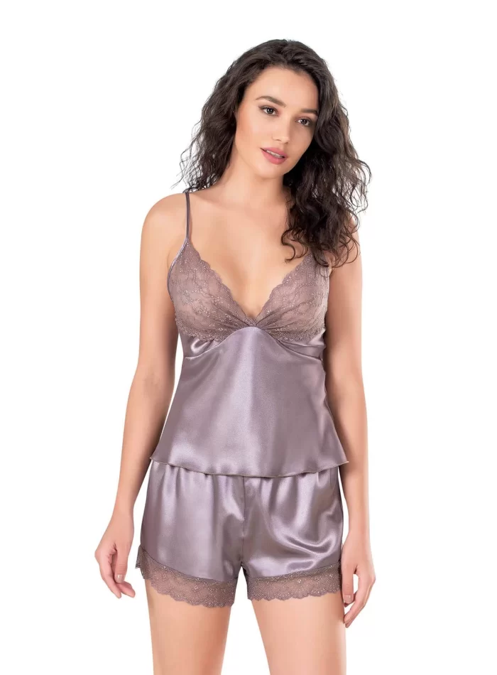 Lila Şık Saten Babydoll Şort Takımı