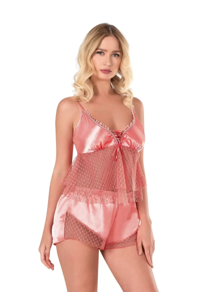 Mercan Şık Saten Babydoll Şort Takımı