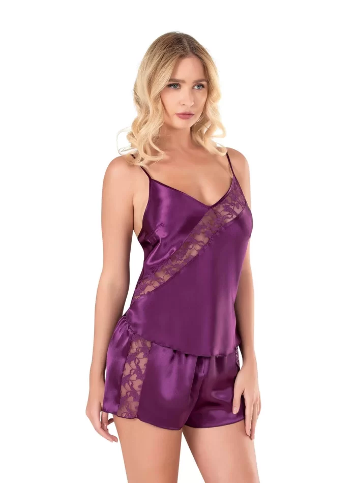 Mor Şık Saten Babydoll Şort Takımı