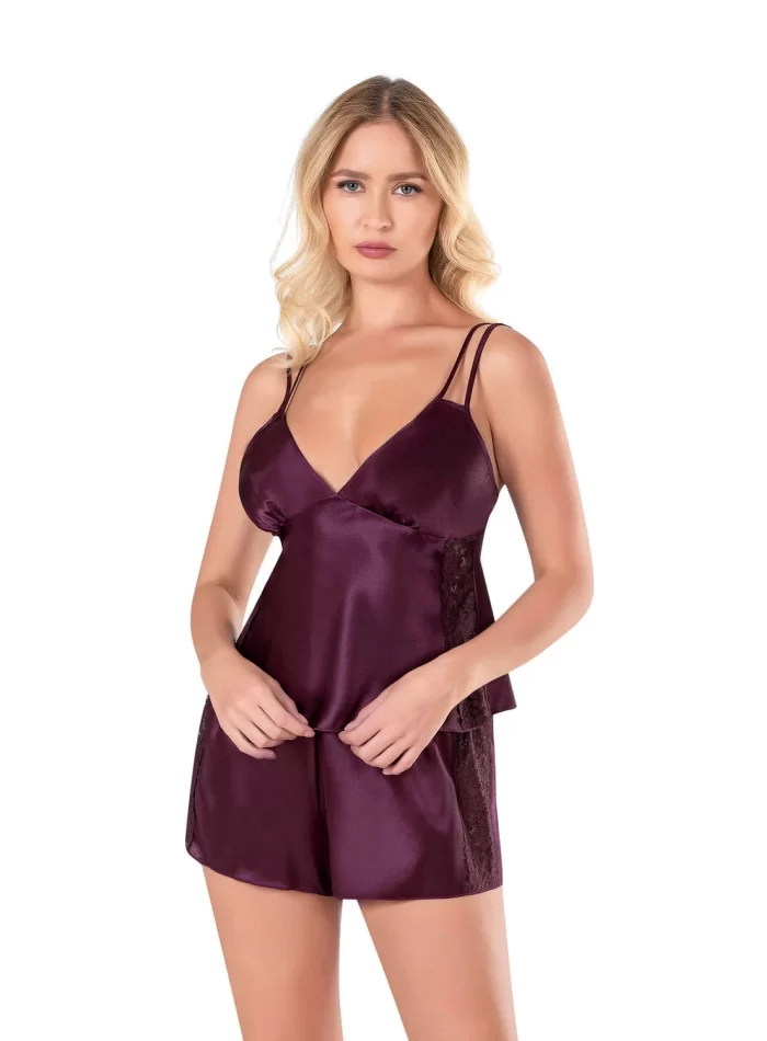 Kaliteli Şık Mürdüm Saten Babydoll Şort Takımı