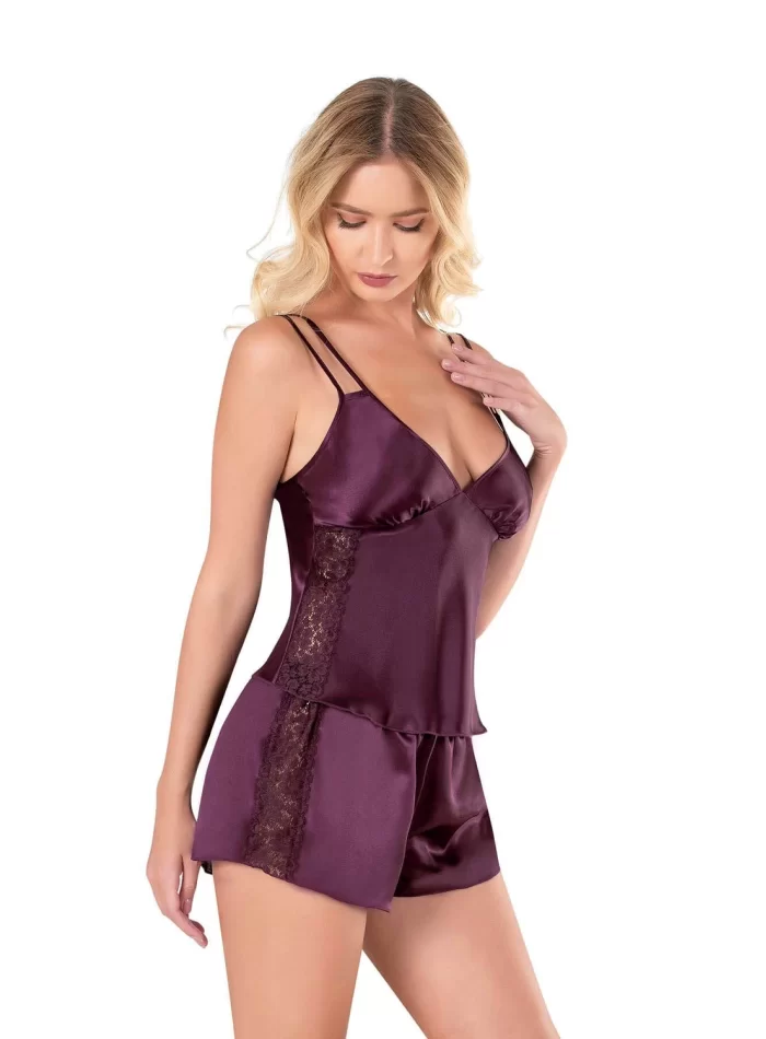 Kaliteli Şık Mürdüm Saten Babydoll Şort Takımı